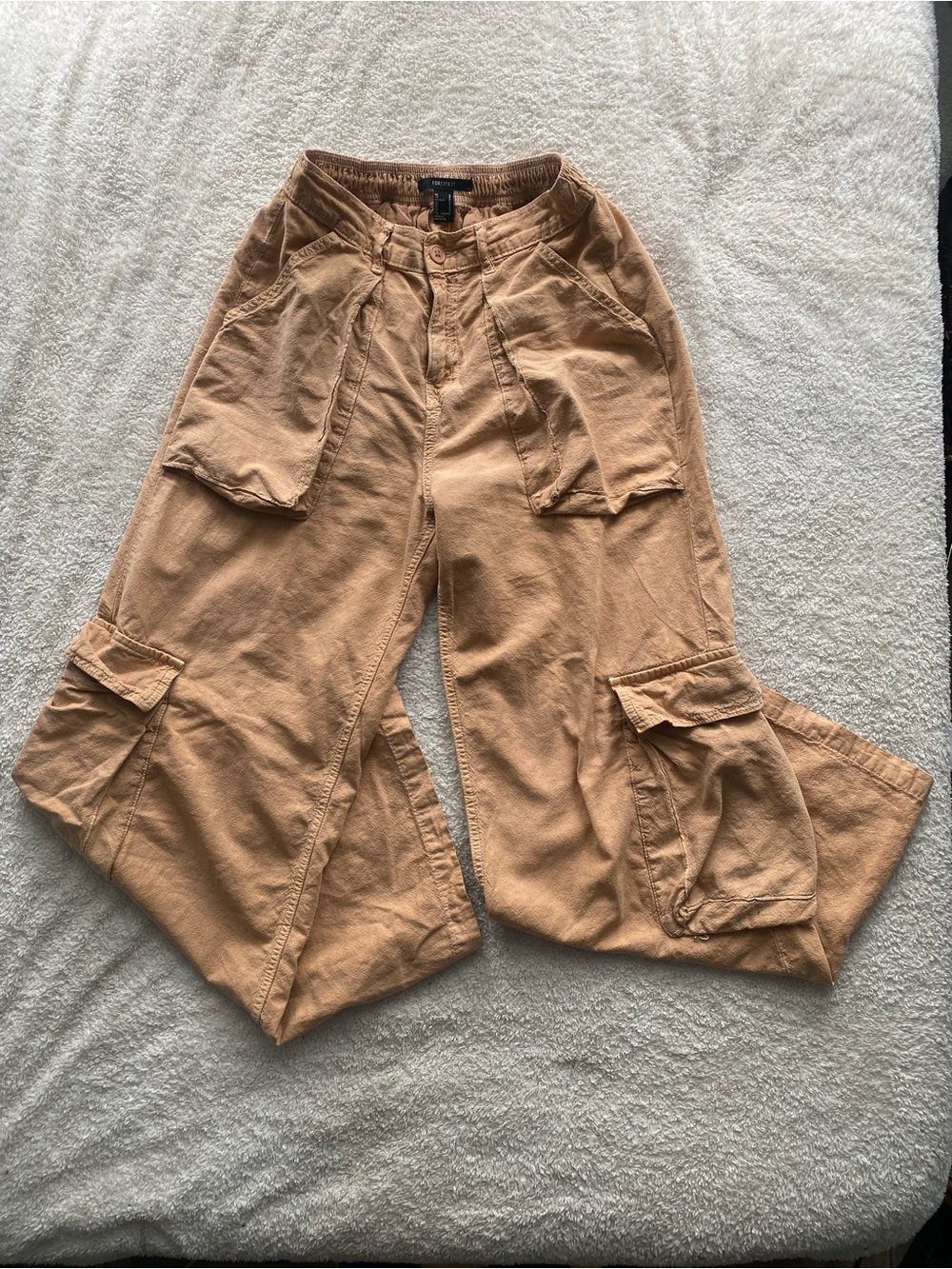 Y2K Boho Streetwear Tan Flowy Cargo Pants with Utility Pockets
